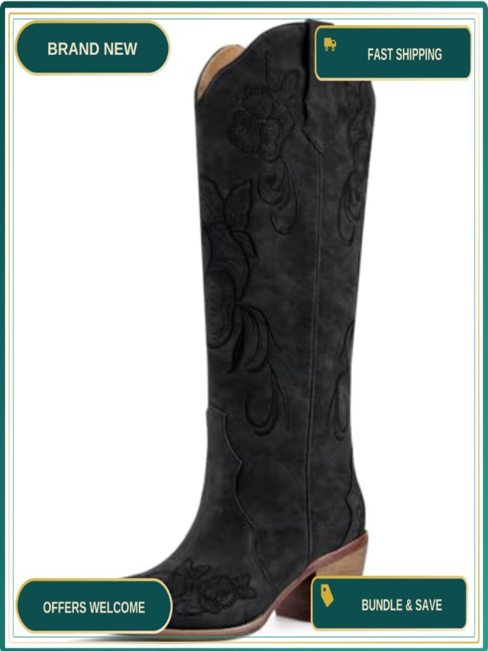 Knee High Cowgirl Boots Snip Toe Embroidered Western Pull-On Block Heel Memory